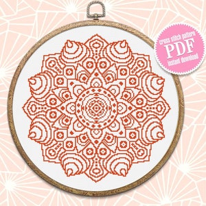 Mandala cross stitch pattern download PDF Monochrome floral ornament hand embroidery, Simple geometric pattern PDF Easy beginner stitch #M77