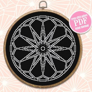 Wheel of fortune mandala cross stitch pattern download PDF Monochrome geometric ornament pattern digital PDF Quick cross stitch sampler #M30