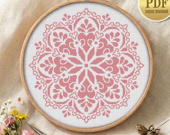 Flower Mandala Cross Stitch Pattern, Pink Geometric Floral Ornament Chart (Instant Download PDF)