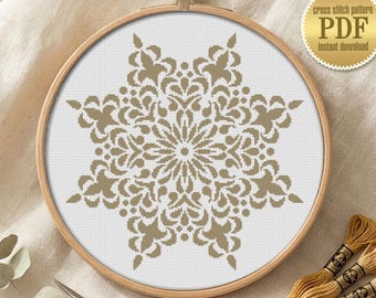 Geometric Flower Mandala Cross Stitch Pattern, Boho Monochrome Chart (PDF Instant Download)