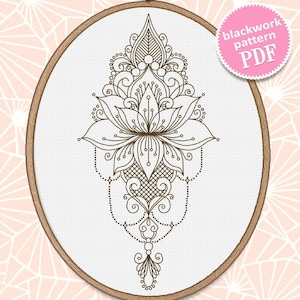 Patrón de mandala de flor de loto digital para bordado a mano, descarga instantánea en PDF. Gráfico de punto atrás de mandala de loto simple #M306