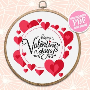Happy Valentines day cross stitch pattern download PDF, Love quotes cross stitch chart, Cute heart embroidery PDF, Love lettering stitch #V3