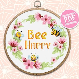 Honey bee cross stitch pattern download PDF, Bee Happy cross stitch Floral wreath cross stitch chart Framed quote embroidery, Bee decor #Q48