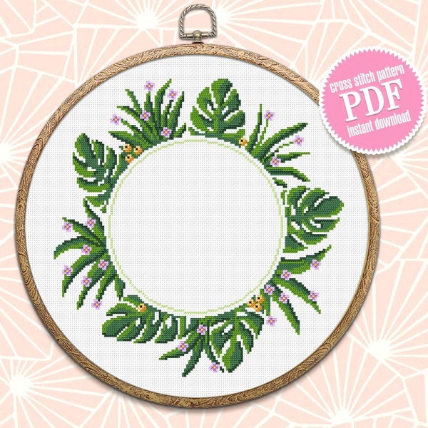 Monstera leaf wreath cross stitch pattern download PDF Greenery frame cross stitch chart, Monstera decor Hoop art design, Your text here #Y3