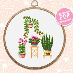 Home plants cross stitch pattern download PDF, Floral cross stitch chart, Small embroidery beginner, Potted plants digital pattern PDF #P6