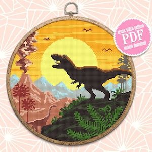T-Rex Dinosaurier Kreuzstich Stickmuster PDF download Tyrannosaurus Rex Kreuzstichvorlage, Dinosaurier Stickmuster digitale PDF, Jurassic Landschaft #D6