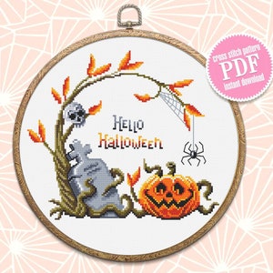 Hello Halloween cross stitch pattern download PDF Pumpkin cross stitch chart, Spooky Halloween pattern digital PDF Fall beginner stitch #H48