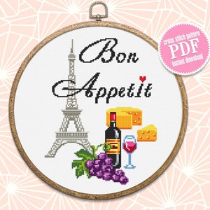 Paris kitchen cross stitch pattern download PDF, Food cross stitch chart, Quote cross stitch Bon Appetit, Eiffel Tower hand embroidery #F6
