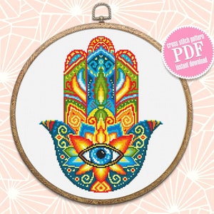 Hamsa hand cross stitch pattern download PDF, Mandala pattern PDF, Colorful Hand of Fatima cross stitch, Evil eye hamsa beginner stitch #M76