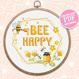 Honey bee cross stitch digital PDF pattern Bee Happy cross stitch Quote Floral wreath xstitch chart Easy begginers embroidery Bee decor #Q47