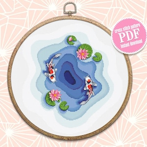Koi pond cross stitch pattern download PDF, Koi fish cross stitch chart, Fish embroidery design, Oriental decor Water lily cross stitch #L45