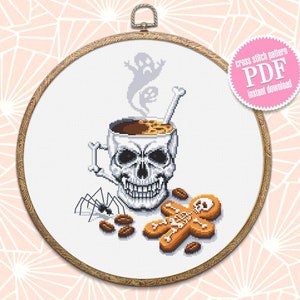 Halloween coffee mug cross stitch pattern download PDF, Gothic Halloween cross stitch chart, Horror Christmas cross stitch, Skull cup #H39