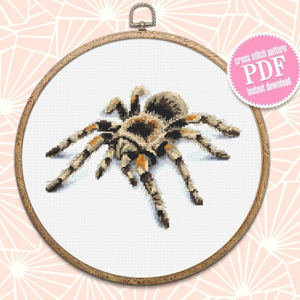 Tarantula spider cross stitch pattern download PDF Spooky animal cross stitch chart, 3d spider embroidery PDF, Horror tarantula pattern #D10