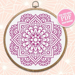 Flower mandala cross stitch pattern download PDF Monochrome floral ornament cross stitch chart, Easy mandala embroidery DIY Home decor #M138