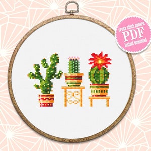 Schema punto croce pianta di cactus scarica PDF, schema punto croce floreale, ricamo piante in vaso PDF, punto croce piccolo facile #P21