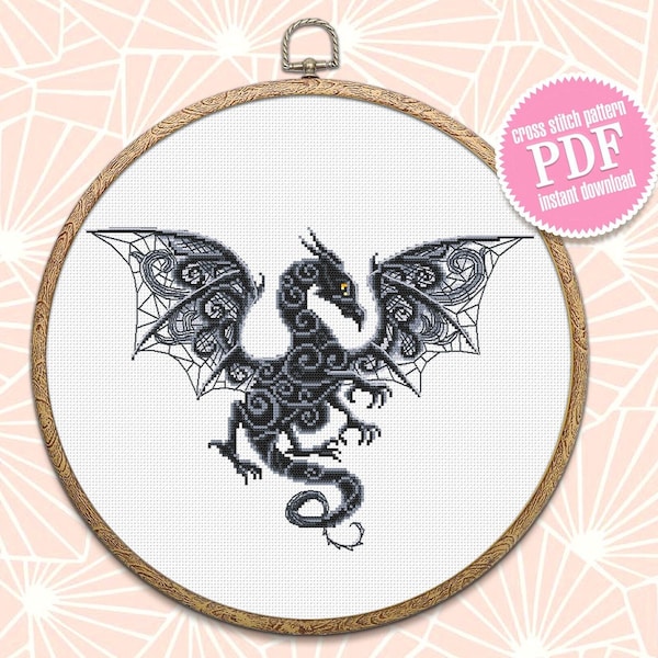 Dragon cross stitch pattern download PDF Fantasy animal cross stitch chart, Dragon embroidery PDF, Blackwork patterns, Gothic home decor #D8