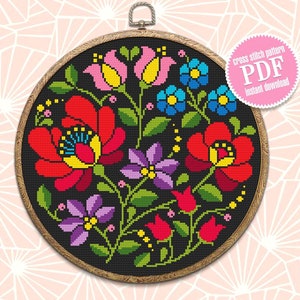 Flowers cross stitch pattern download PDF, Folk cross stitch chart, Modern floral ornament cross stitch, Ukrainian folk embroidery PDF #P28