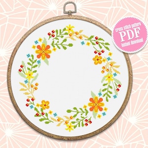 Bloemenkrans kruissteekpatroon pdf-download Bloemenlijst kruissteekkaart, handborduur bloemenrand, bloemen hoepel art design #Y4