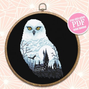 Owl silhouette cross stitch pattern download PDF Magic castle cross stitch Wizard school xstitch chart Halloween moon pattern digital #H32