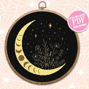 Mystical floral moon cross stitch pattern download PDF Moon phase cross stitch chart, Wildflowers blackwork pattern, Magic starry sky #L60