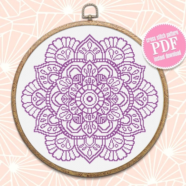 Mandala cross stitch pattern download PDF, Floral ornament cross stitch chart, Monochrome mandala hand embroidery, Easy beginner stitch #M59