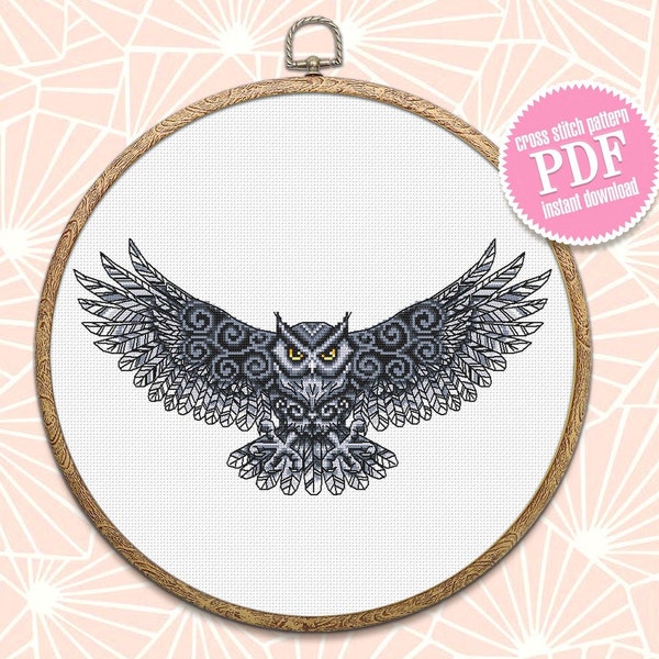 Owl cross stitch pattern download PDF Fantasy bird cross stitch chart, Owl embroidery PDF, Blackwork patterns, Gothic home decor #D9