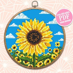 Sunflower cross stitch pattern download PDF, Yellow flowers cross stitch chart, Ukraine sunflower embroidery PDF, Easy beginner stitch #P33