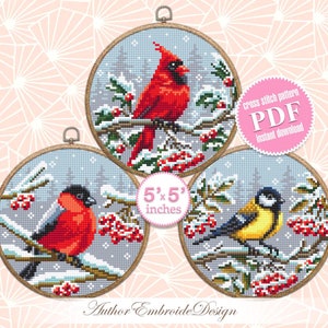 Set of 3 Winter birds cross stitch pattern PDF download Snow nature cross stitch chart, Christmas pattern digital PDF, Red Cardinal #K53