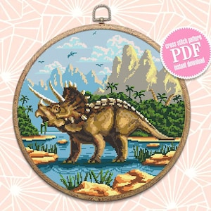 Dinosaur Triceratops cross stitch pattern download PDF Ancient animal cross stitch chart, Dinosaur world cross stitch Mountain landscape #D2