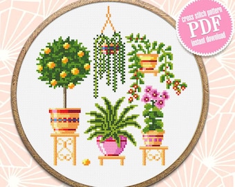 Potted plants cross stitch pattern download PDF Floral cross stitch sampler, Small house plant embroidery PDF, Garden cross stitch chart #P1