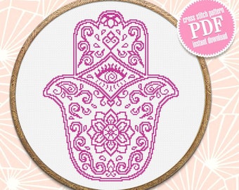 Schema punto croce mano Hamsa scarica PDF, Schema mandala facile PDF, Punto croce Mano di Fatima, Punto per principianti Hamsa Evil Eye #M18