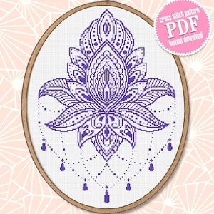 Patrón de punto de cruz de mandala de loto para descargar en formato PDF Gráfico de punto de cruz floral, Patrón de loto en formato PDF digital, Bordado de mandala de flores #M147