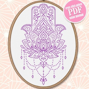 Hamsa Hand Kreuzstich Stickmuster Lotus Mandala Kreuzstichmuster, Glücksbringer Stickvorlage, Kreuzstich Stickvorlage #M148
