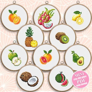 Mini fruit cross stitch pattern PDF download Set of 10 fruits cross stitch chart, Small fruit pattern digital PDF, Kitchen decor #F18
