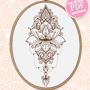 Lotus mandala cross stitch pattern download PDF, Monochrome mandala pattern digital PDF, Lotus flower cross stitch chart, Home decor #M99
