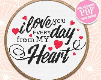 Love quote cross stitch pattern download PDF Love lettering I love you every day cross stitch chart, Valentines day gift Beginner stitch #V4
