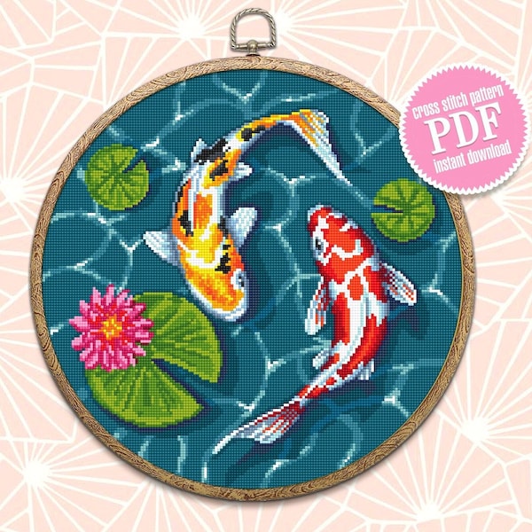 Koi pond cross stitch pattern download PDF Koi fish cross stitch chart, Fish embroidery design, Oriental decor, Water lily cross stitch #L50