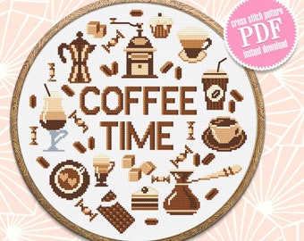 Coffee quote cross stitch pattern download PDF, Coffee sampler cross stitch chart, Coffee time embroidery PDF, DIY coffee home decor #Q54