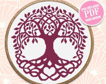 May include: A cross-stitch pattern of a tree of life design in a wooden embroidery hoop. The tree is a deep burgundy colour, with a heart-shaped base and leafy branches. The text "cross stitch pattern PDF instant download" is visible.
