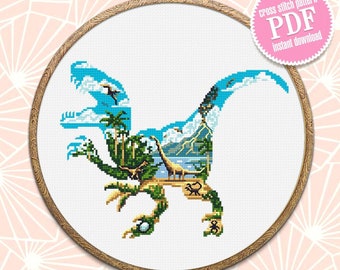 Dinosaur silhouette cross stitch pattern PDF instant download Ancient animal cross stitch chart, Jurassic landscape pattern digital #K82