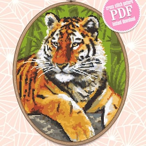 Tiger cross stitch pattern download PDF Wild animal cross stitch chart, Nature hand embroidery PDF Big tabby cat cross stitch Home decor #K5