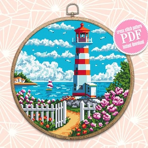 Lighthouse cross stitch pattern download PDF Nature landscape cross stitch chart Summer sea landscape pattern digital PDF Home decor #L46