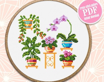 Home plants cross stitch pattern download PDF Floral cross stitch chart, Easy small cross stitch sampler, Potted plants hand embroidery #P3