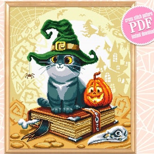 Halloween witch cat cross stitch pattern PDF download Cute cat in the hat cross stitch chart, Halloween pattern digital PDF, Witch hat #H25