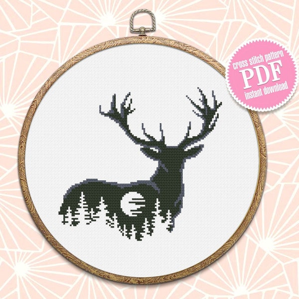 Deer silhouette cross stitch pattern download PDF Nature cross stitch chart, Deer hand embroidery PDF, Easy stitch beginner, Home decor #L52