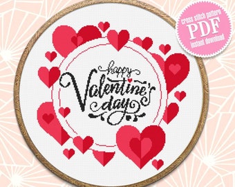 Happy Valentines day cross stitch pattern download PDF, Love quotes cross stitch chart, Cute heart embroidery PDF, Love lettering stitch #V3