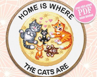 Cat cross stitch pattern download PDF Home is where the cats are, Cat quotes cross stitch chart, Cute kittens embroidery Cat lover gift #K4