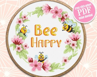 Honey bee cross stitch pattern download PDF, Bee Happy cross stitch Floral wreath cross stitch chart Framed quote embroidery, Bee decor #Q48
