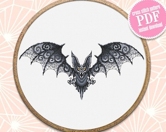 Gothic Bat cross stitch pattern download PDF Fantasy animal cross stitch chart, Vampire Bat ornament embroidery PDF, Blackwork patterns #D14