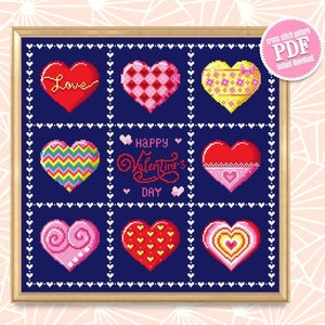 Love hearts cross stitch pattern PDF download Sampler cross stitch funny valentine, Happy Valentines day, Small heart cross stitch chart #T8
